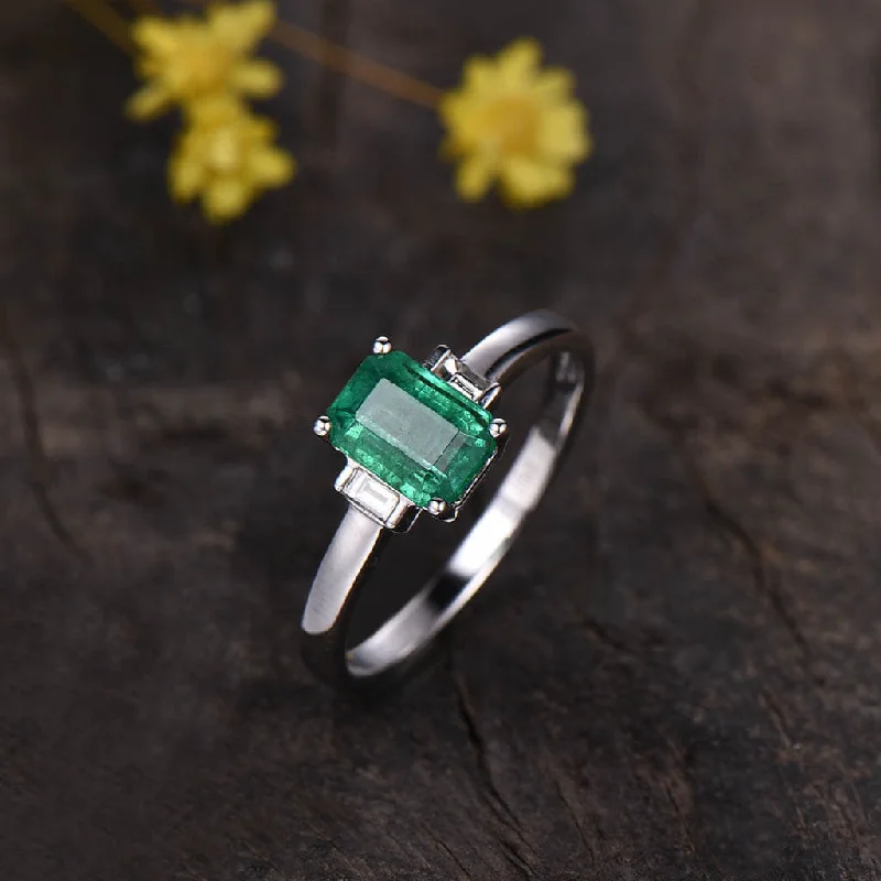 women black diamond engagement rings -Vintage Natural Emerald Cut Emerald And Baguette Cut Diamond Engagement Ring Three Stone