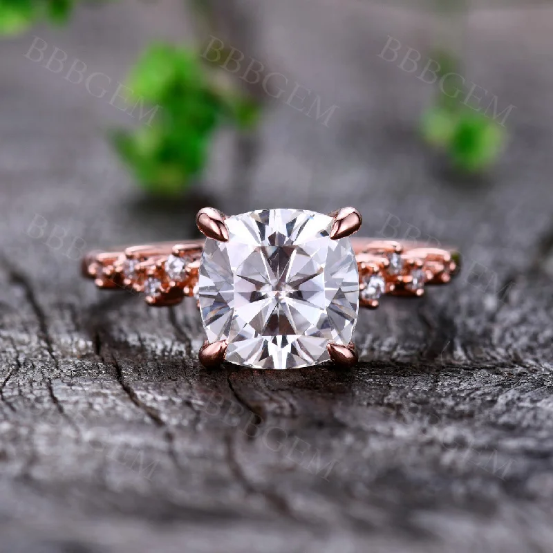 women platinum engagement rings -1.7CT Unique Cushion Cut Moissanite Engagement Ring Cluster Moissanite Wedding Band