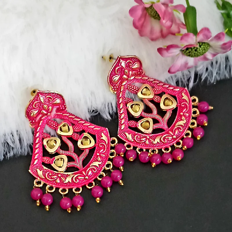 women drop stud earrings -Woma Matte Pink Meenakari Dangler Beads Drop Earrings