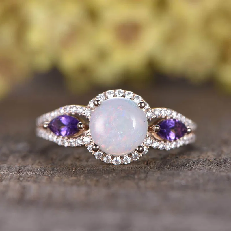 women floral engagement rings -Natural Opal Engagement Ring Marquise Amethyst Diamond Ring