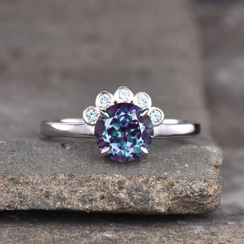 women custom halo engagement rings -Floral Alexandrite And Dianond Engagement Ring Five Stones