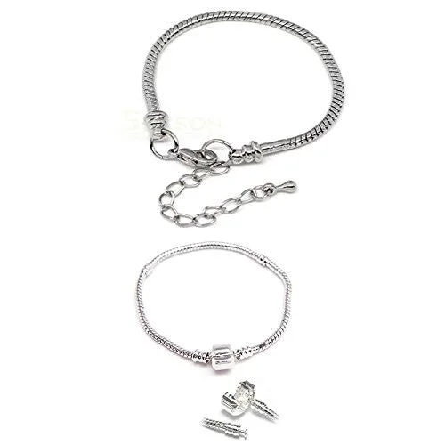 women vintage bangles -2 (Two) 8.5" Silver Tone Snake Chain Classic Bead Barrel Clasp +Starter Master Lobster Clasp Bracelet