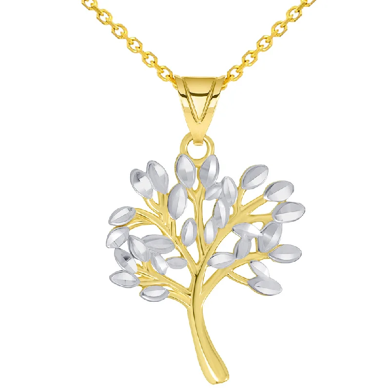 women custom engraved gold necklaces -14k Solid Yellow Gold Textured Two Tone Tree of Life Pendant Necklace Available with Cable Chain