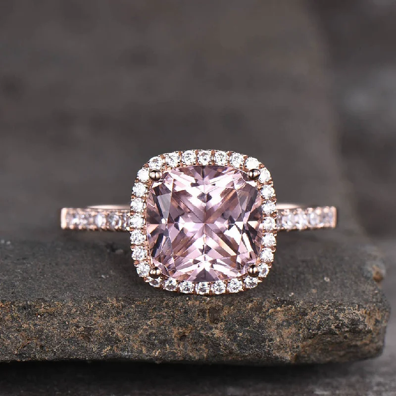 women custom engagement rings -8mm Pink Morganite Odessa Diamond Halo Engagement Ring 2.2 Carat in 18k Rose Gold