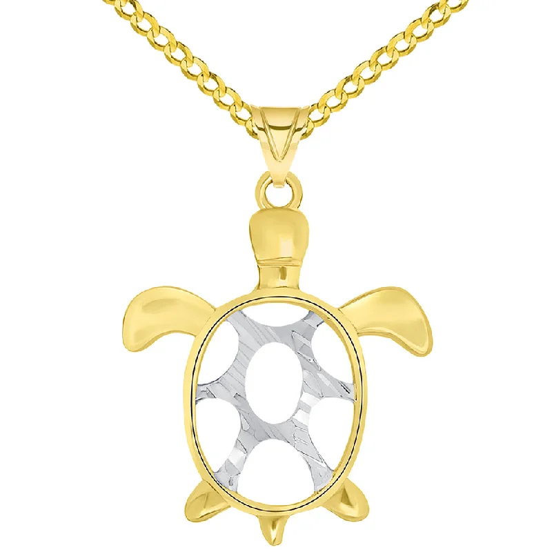 women gemstone drop necklaces -14k Yellow Gold Textured Two Tone Open Shell Sea Turtle Good Luck Pendant Necklace Available with Curb Chain