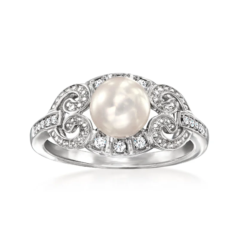 women heart-shaped engagement rings -Ross-Simons 6.5-7mm Cultured Pearl and . Diamond Swirl Ring in Sterling Silver