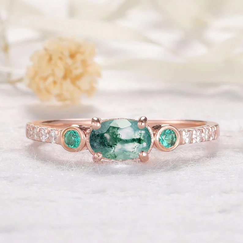 women custom engraved engagement rings -Moss Agate Rose Gold Diamond Women Wedding Ring Emerald Engagement Ring