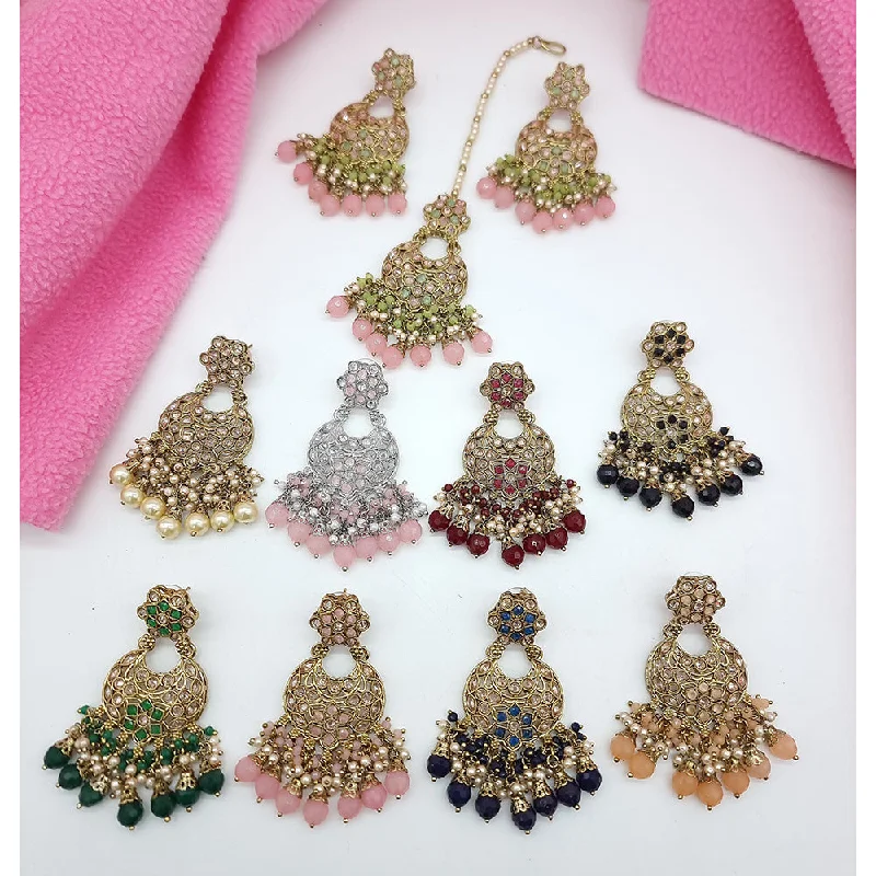 women butterfly earrings -JCM Gold Plated Crystal Stone And Beads Dangler Earrings With Mangtikka (1 Set Only)