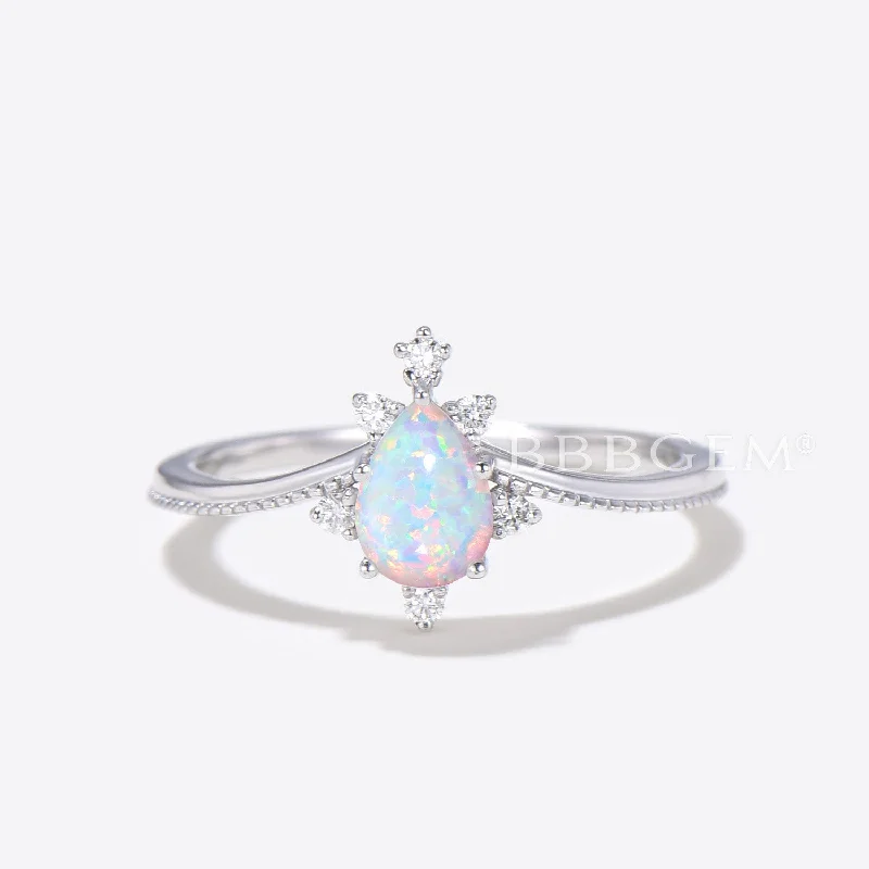 women men’s engagement rings -14K White Gold Vintage Pear Shaped Opal Milgrain Diamond Engagement Ring