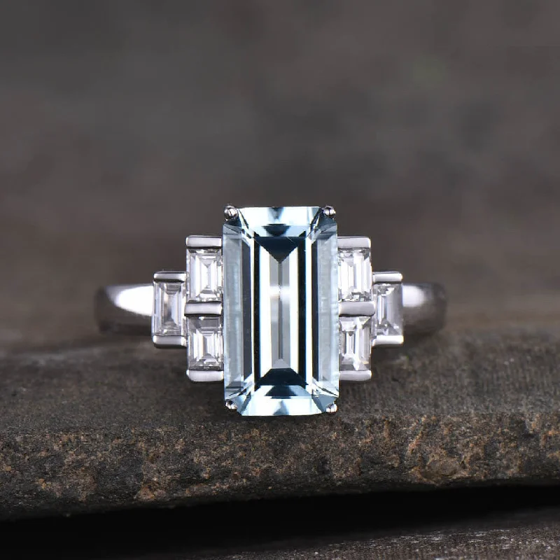 women modern luxury engagement rings -11x6mm Emerald Cut Aquamarine Engagement Ring Baguette Cut Diamond Accent