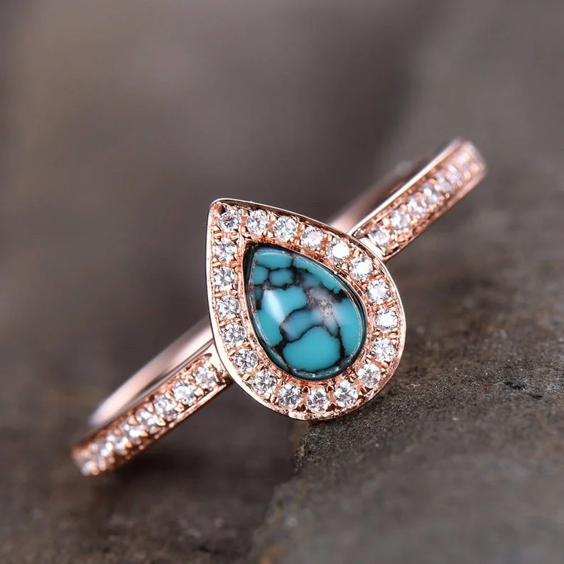 women modern engagement rings -Diamond Halo 4*6mm Pear Shaped  Turquoise Engagement Ring  Rose Gold 14K/18K/Silver