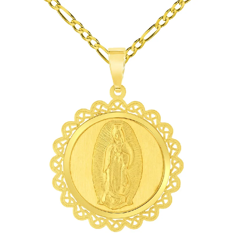 women wedding necklaces -14k Yellow Gold Round Ornate Miraculous Medal of Our Lady of Guadalupe Pendant with Figaro Chain Necklace