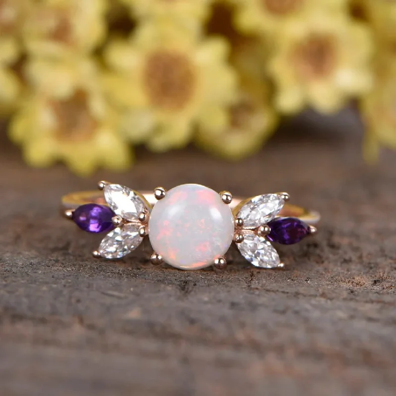 women square cut engagement rings -0.8CT Art Deco Round Cut White Fire Natural Opal Engagement Ring Rose Gold