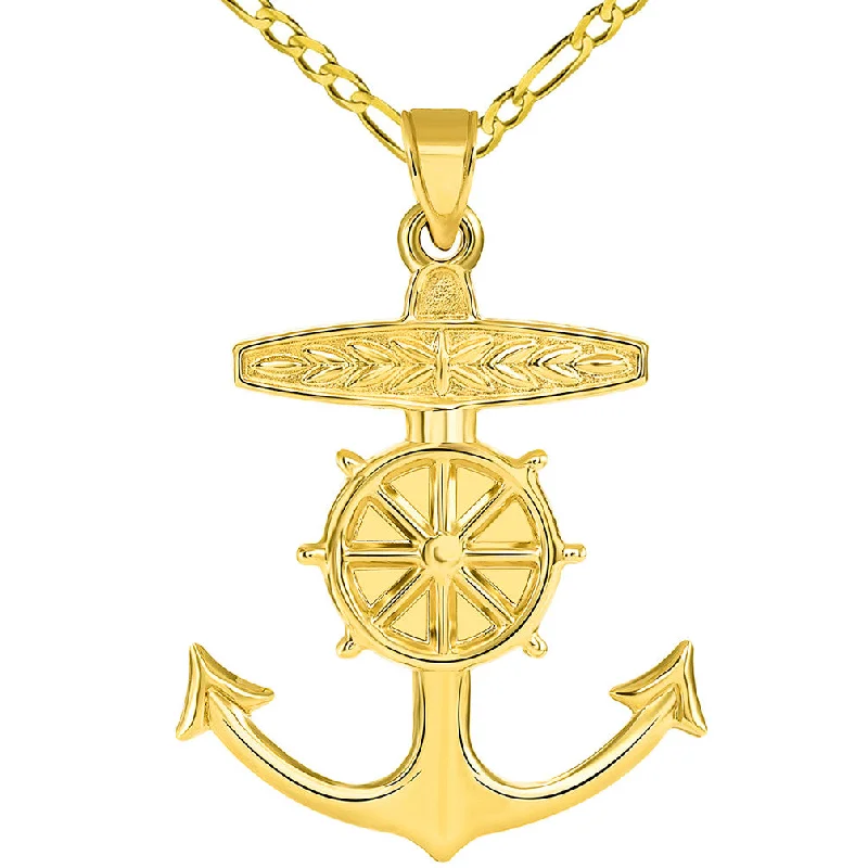 women gemstone pendant necklaces -14k Yellow Gold 3D Ship Anchor and Wheel Nautical Pendant Figaro Necklace