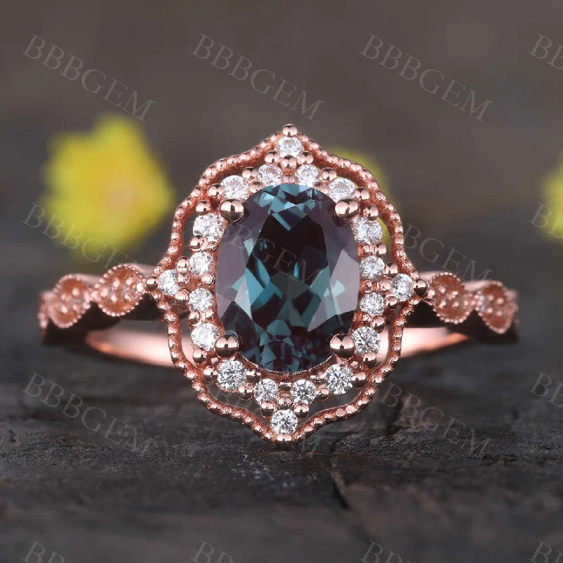 women princess diamond engagement rings -Alexandrite Ring Rose Gold Engagement Ring Halo Diamond Wedding Ring Promise Jewelry