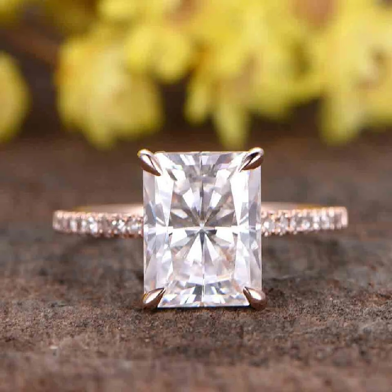 women three-stone engagement rings -2.7 Carat Radiant Cut Moissanite Engagement Rings Diamond 14k Rose Gold Unique Stacking Band