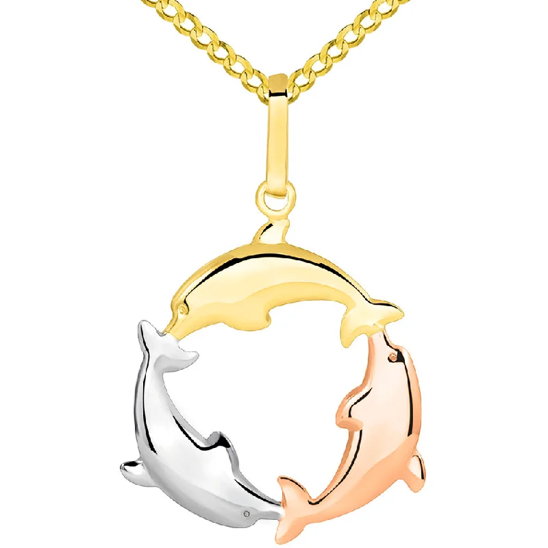 women turquoise necklaces -14k Tri Color Gold 3D Three Dolphins Jumping Around Circle Pendant Cuban Necklace