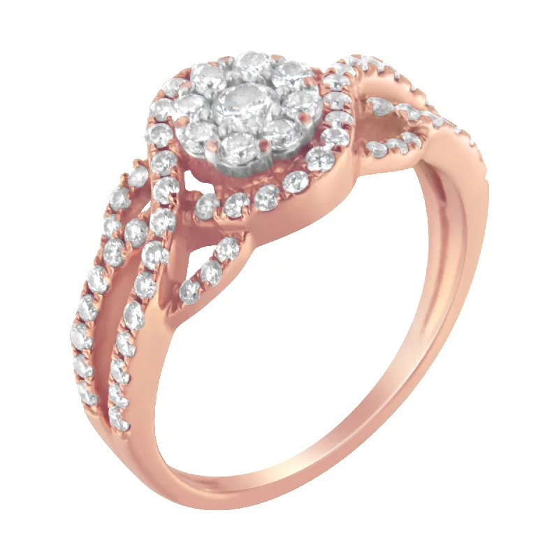 women cushion cut engagement rings -10K Rose Gold 3/4 Cttw Diamond Floral Cluster Head and Twisted Shank Cocktail  Ring-