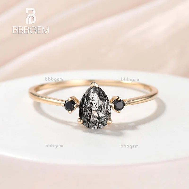 women eternity engagement rings -14K/18K  Three Stone Black Rutilated Quartz Black Diamond Engagement Rings