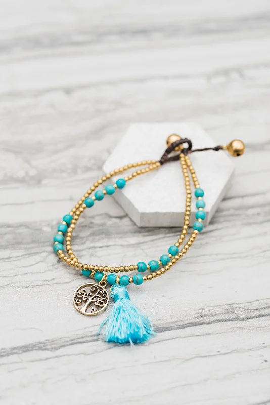 women beaded bracelets -Double Turquoise Tassel Bracelet