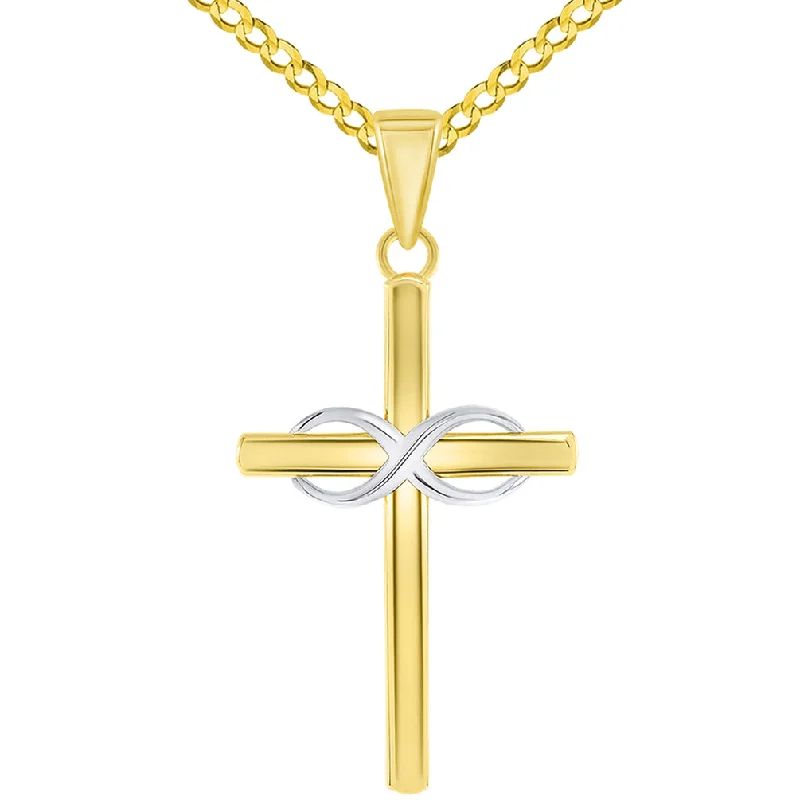 women diamond necklaces -14k Two-Tone Gold Religious Plain Cross and Infinity Eternity Symbol Pendant Cuban Curb Chain Necklace