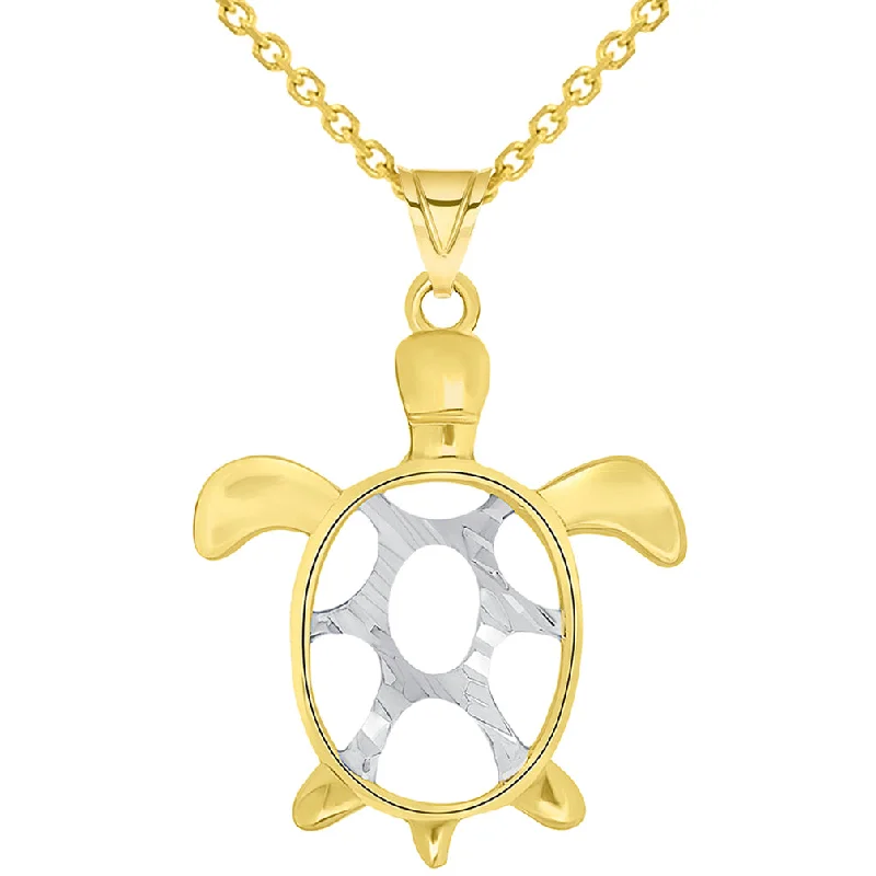 women long pendant necklaces -14k Yellow Gold Textured Two Tone Open Shell Sea Turtle Good Luck Pendant Necklace Available with Cable Chain