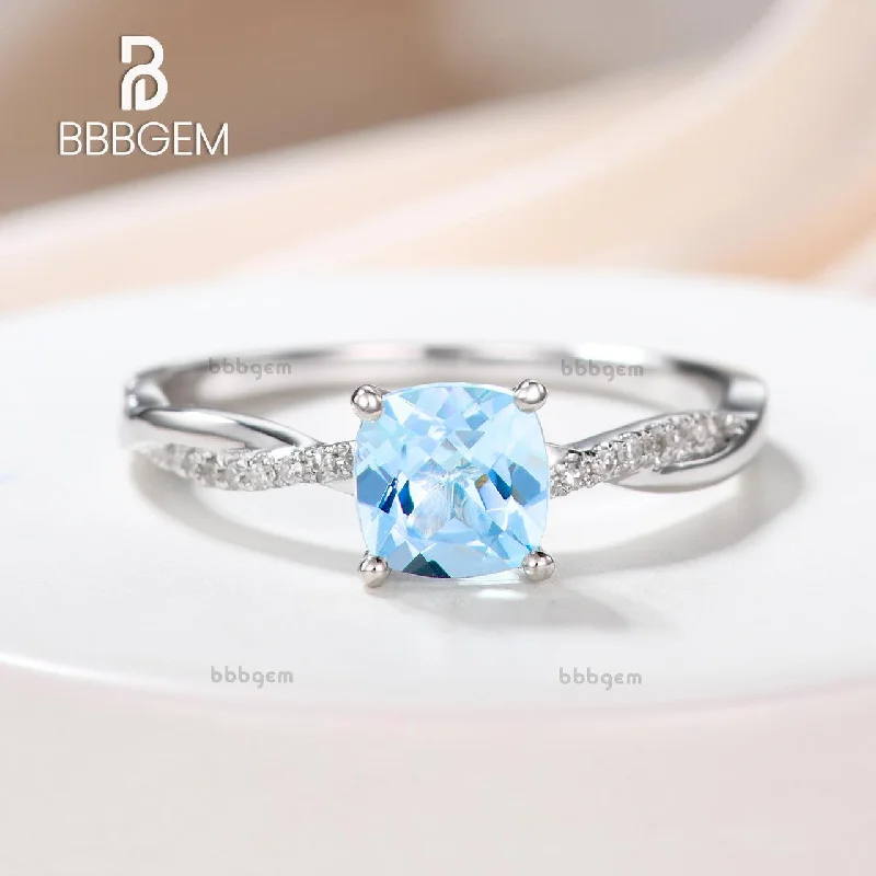 women colorful gemstone engagement rings -14k/18k White Gold Aquamarine Engagement Rings With Diamonds 6mm Cushion Twisted Infinity Promise Band