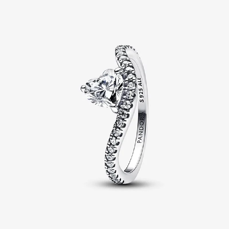 women double band rings -PANDORA : Wavy Pavé Heart Ring