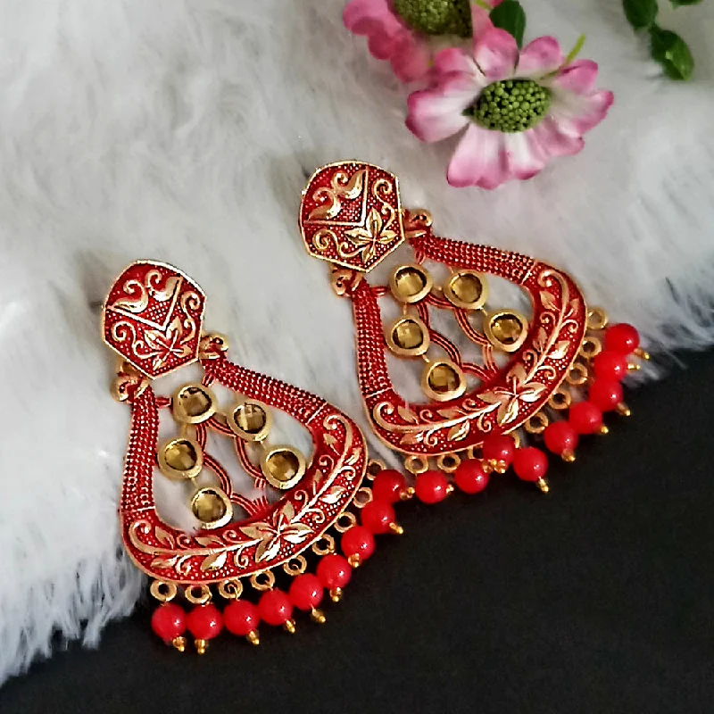 women stacked earrings -Woma Matte Red Meenakari Dangler Beads Drop Earrings