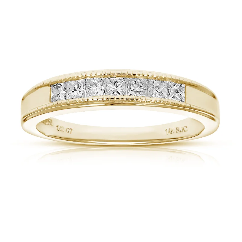 women engagement rings with side stones -1/2 cttw Princess Cut Diamond Wedding Band with Milgrain 14K Gold 7 Stones