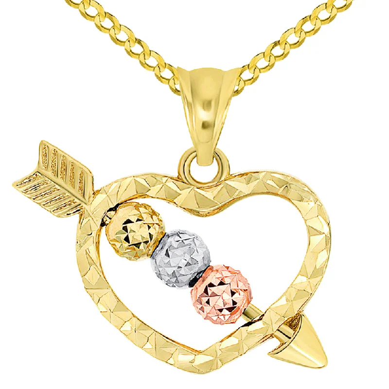 women luxury necklaces -14k Tri-Color Gold Beaded Cupid's Love Arrow Through Textured Small Heart Pendant Necklace with Curb Chain