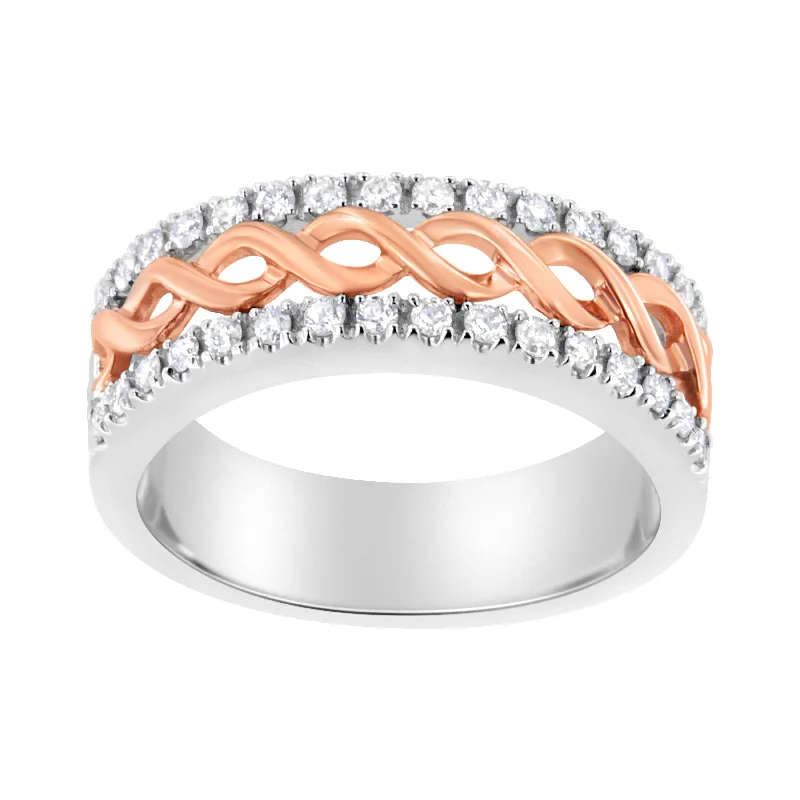 women vintage engagement rings -10K White and Rose Gold 1/3 Cttw Diamond Split Shank and Infinity Ribbon Band Ring