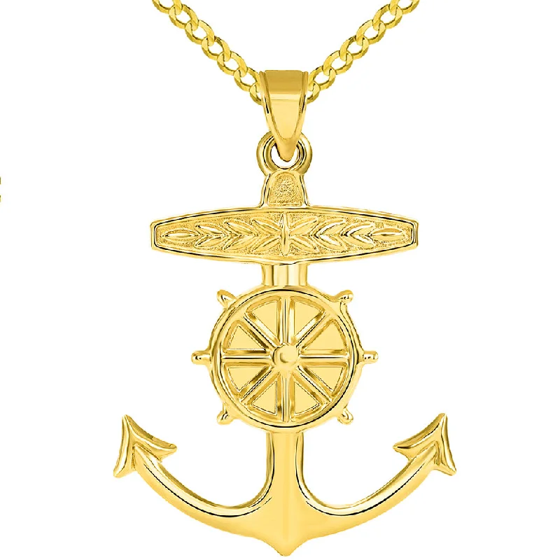 women unique charm necklaces -14k Yellow Gold 3D Ship Anchor and Wheel Nautical Pendant Cuban Necklace