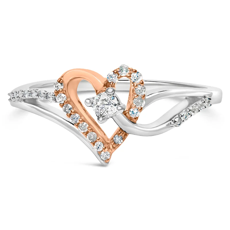 women classic solitaire diamond engagement rings -10K Rose Gold Plated .925 Sterling Silver 1/5 Cttw Diamond Two Tone Open Heart Promise or Fashion Ring