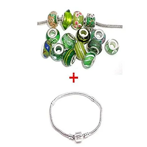 women classic bangles -7.5 inch Bracelet + Ten Pack of Assorted Green Glass Lampwork, Murano Glass Beads