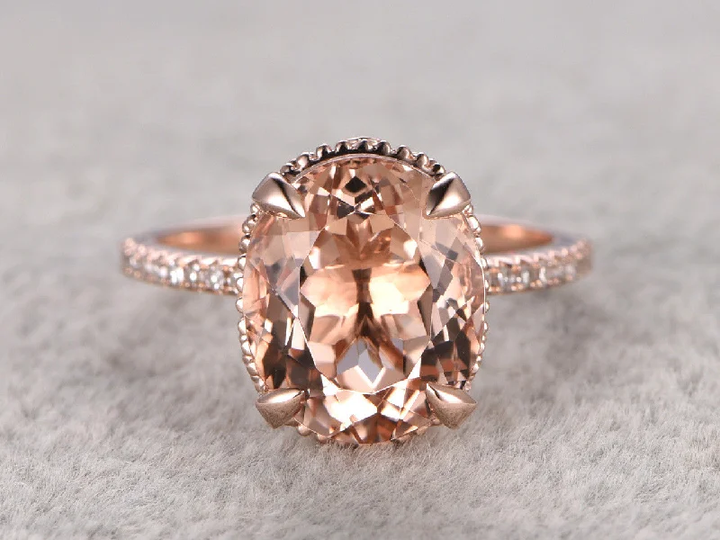 women unique wedding engagement rings -9x11mm Oval 3.5 carat Morganite Engagement Ring Diamond Wedding Ring 14k Rose Gold  Filigree Retro Vintage Floral Set