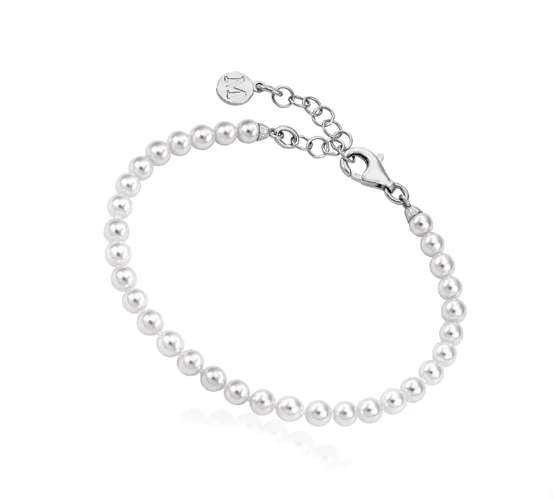 women floral bracelets -Bracelet 16/19cm ling in silver rhodium-plated, round white pearls 4mm Ref :42530125500101