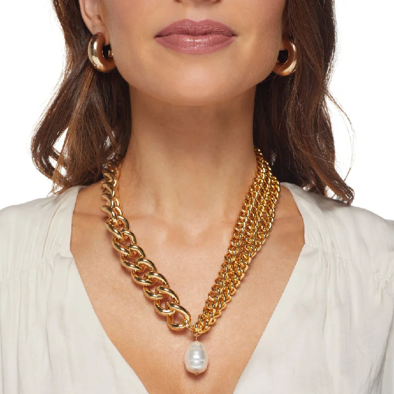 women trendy gold necklaces -Multi Chain Necklace with Baroque Pearl