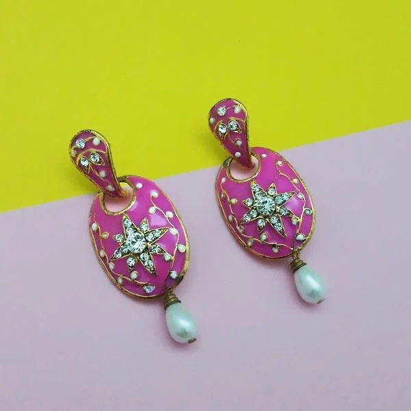 women long earrings -Kriaa Stone Pink Meenakari Drop Gold Plated Dangler Earring