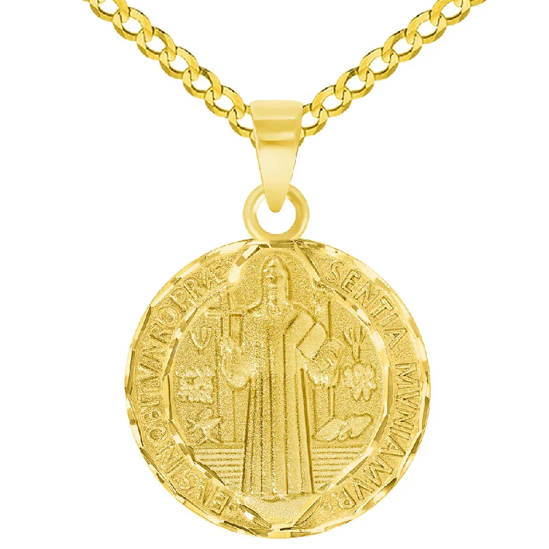 women wedding day necklaces -Solid 14k Yellow Gold Round Shaped St. Benedict Medallion Charm Pendant with Cuban Curb Chain Necklace