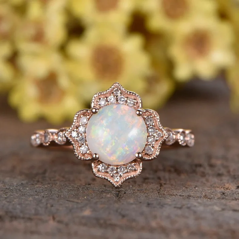 women engagement rings with matching bands -Vintage 1.2CT White Fire Opal Engagement Ring Diamond Halo Rose Gold