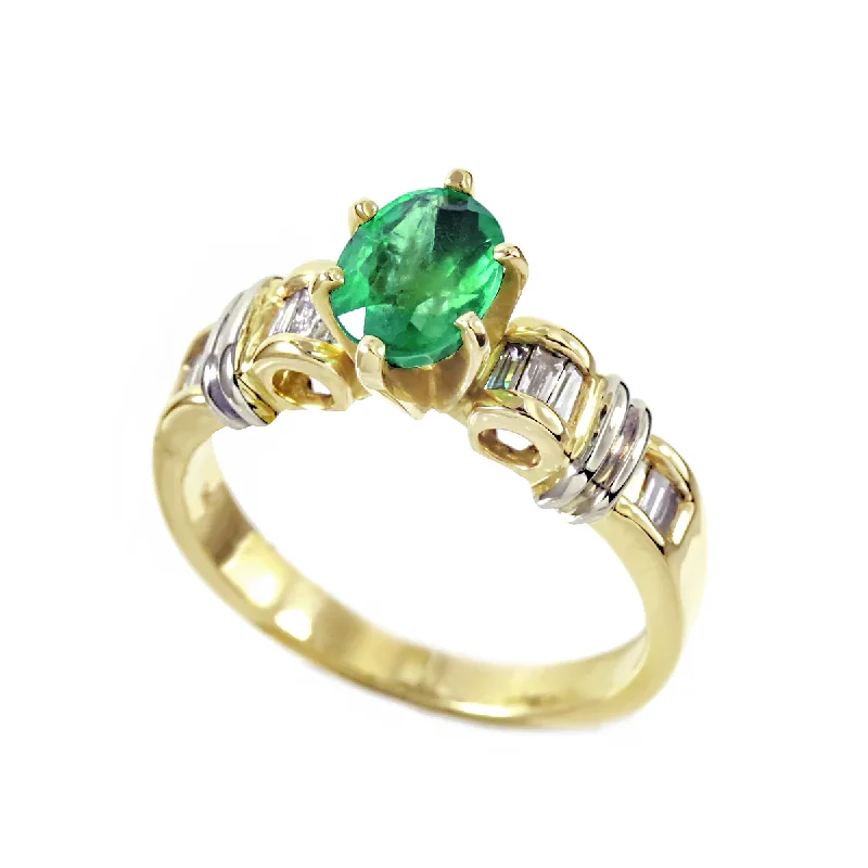 women cocktail rings -SPECIAL ORDER - 14k Yellow Gold Oval Emerald & Diamond Ring