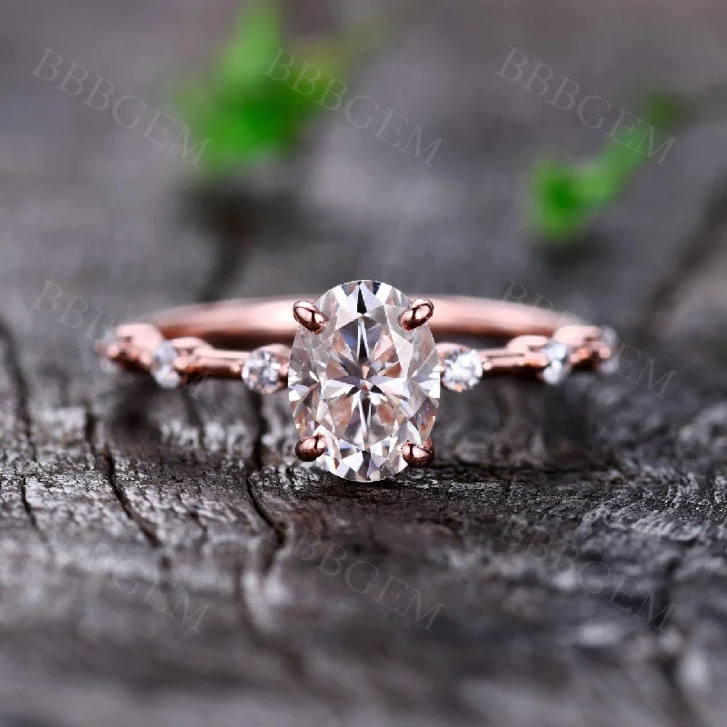 women rose gold engagement rings -Dainty 1.5 Carat Oval Cut Moissanite Engagement Ring Solid Rose Gold Moissanite Wedding Band