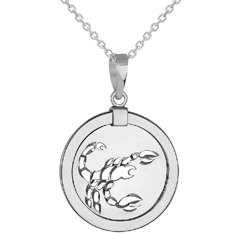 women butterfly pendant necklaces -14k White Gold Round Scorpion Scorpio Zodiac Sign Medallion Pendant Necklace (Reversible)