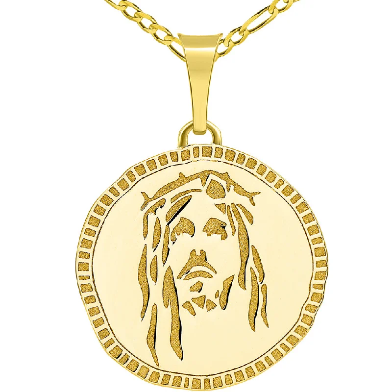 women teardrop necklaces -14k Yellow Gold Hand Engraved Face of Jesus Christ Medallion Pendant with Figaro Chain Necklace