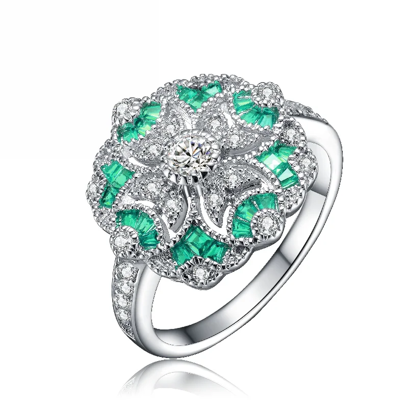 women diamond ring engagement sets -GENEVIVE Sterling Silver Emerald Cubic Zirconia Floral Cocktail Ring