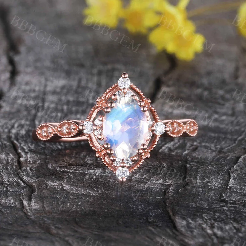 women square cut engagement rings -Oval Cut Moonstone Promise Ring Antique Milgrain Filigree Diamond Engagement Ring