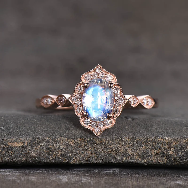 women art deco engagement rings -Vintage Moonstone Halo Engagement Ring Rose Gold  Milgrain Faceted June Moonstone