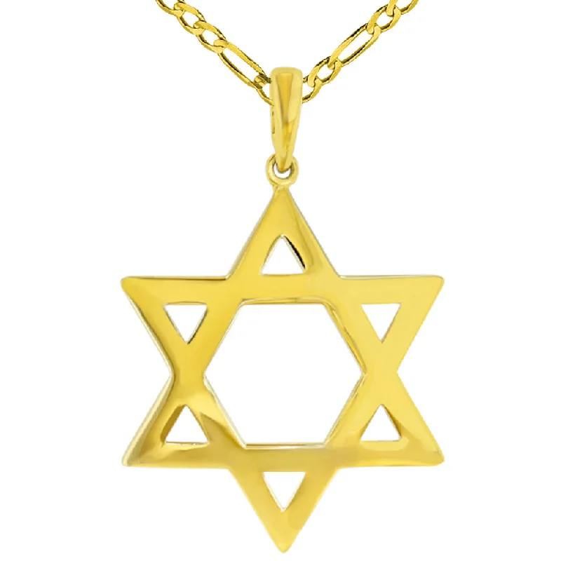 women pearl necklaces -Polished 14K Yellow Gold Large Star of David Pendant with Figaro Necklace