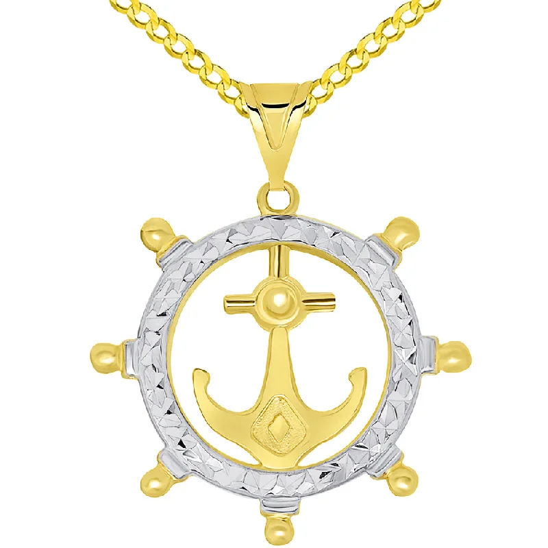 women silver chain necklaces -14k Yellow Gold Textured Two Tone Anchor Inside Ships Wheel Pendant Necklace Available with Curb Chain Necklace